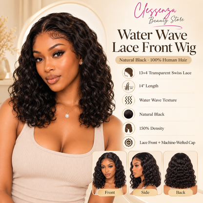13×4 Lace Front Human Hair Bob Wig – Defined Water Wave 14″ – Natural Black Clessenza Beauty Store