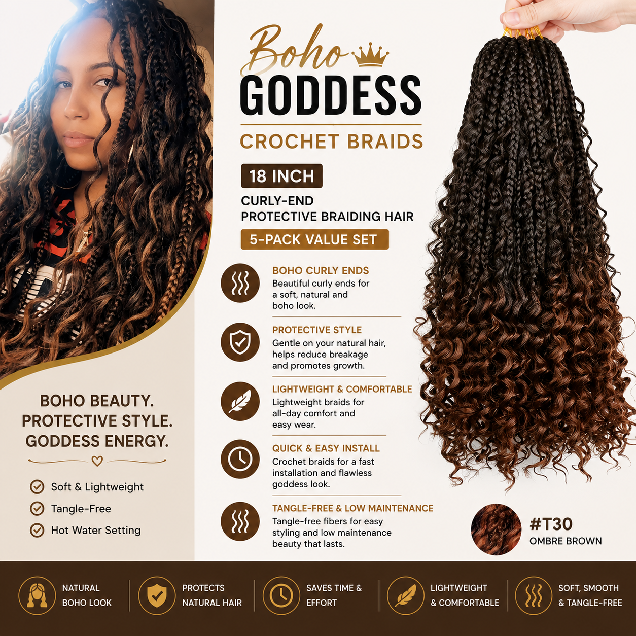 Boho Goddess Crochet Braids 18″ – Curly-End Protective Braiding Hair, #T30 Ombre Brown | 5-Pack Value Set Clessenza Beauty Store