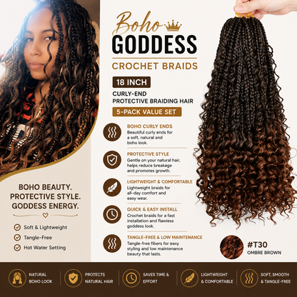 Boho Goddess Crochet Braids 18″ – Curly-End Protective Braiding Hair, #T30 Ombre Brown | 5-Pack Value Set Clessenza Beauty Store
