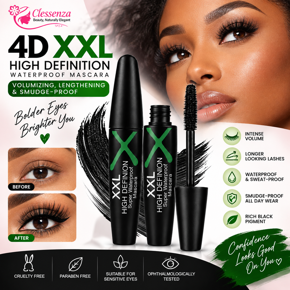 4D XXL High Definition Waterproof Mascara – Volumizing, Lengthening & Smudge-Proof Black Mascara Clessenza Beauty Store