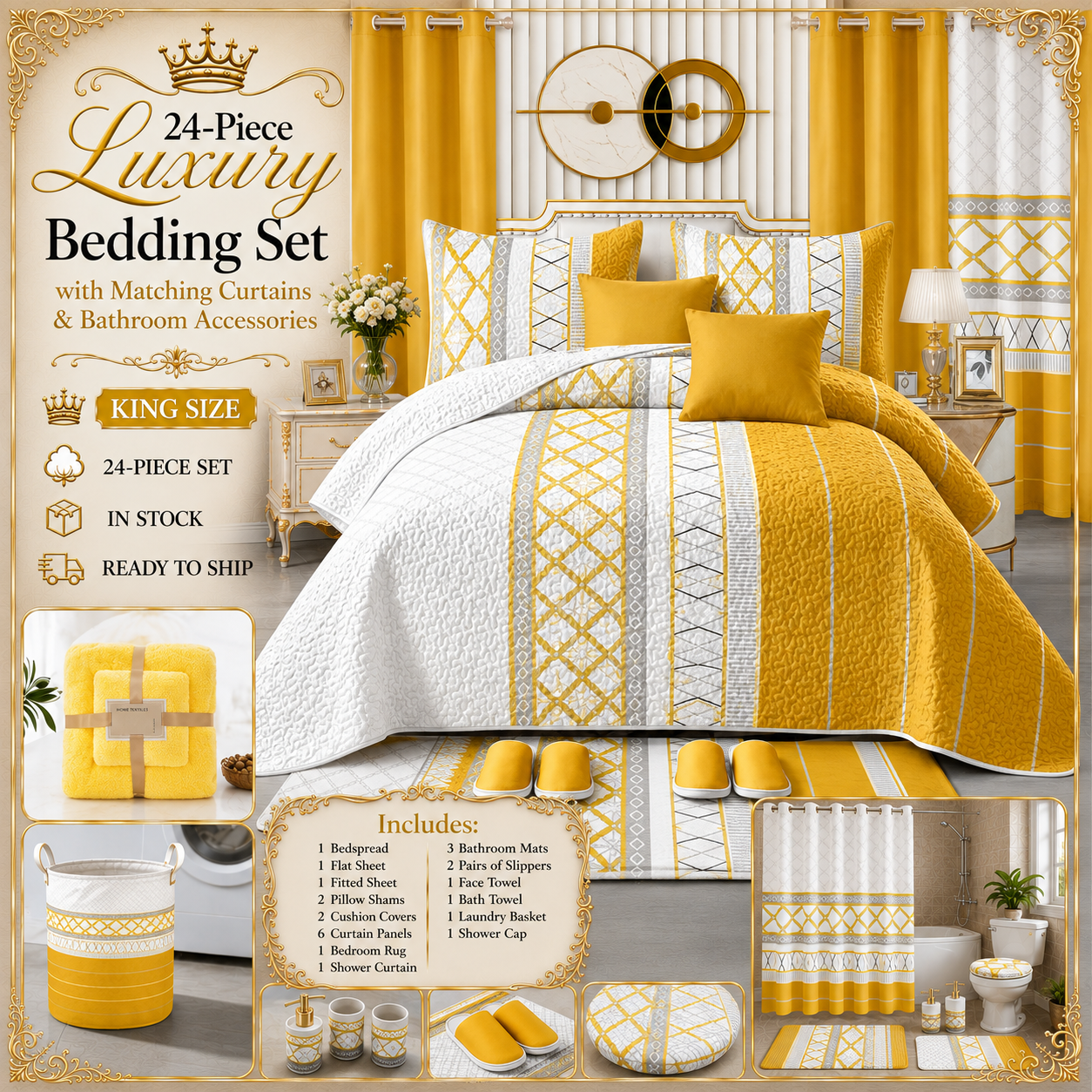 24-Piece Luxury King Size Bedding Set with Matching Curtains & Bathroom Accessories – Golden Yellow Geometric Elegance Clessenza Beauty Store