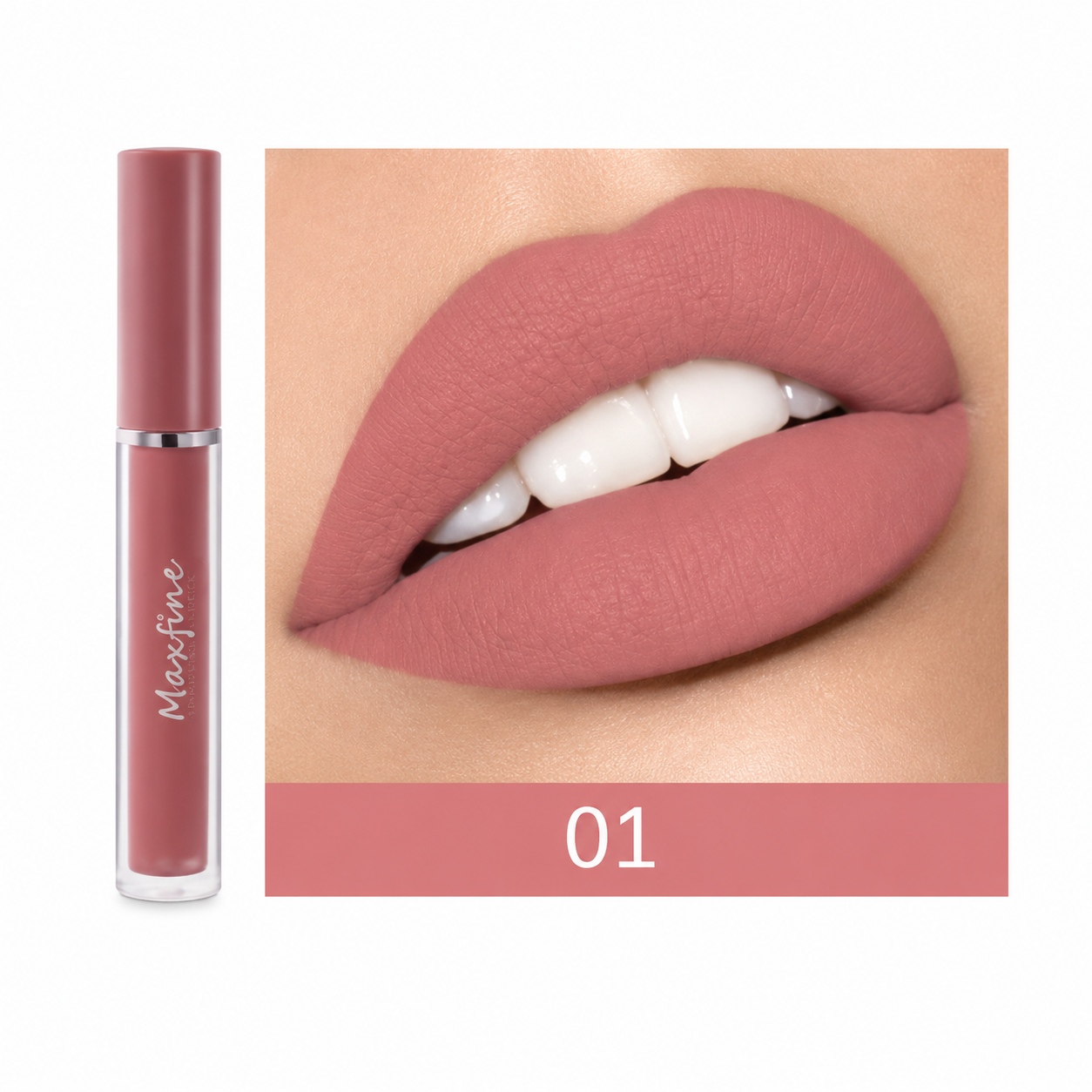 Lipstick with 'Maxfine' branding and a close-up of lips wearing the shade '01'.