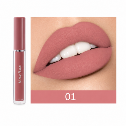 Lipstick with 'Maxfine' branding and a close-up of lips wearing the shade '01'.