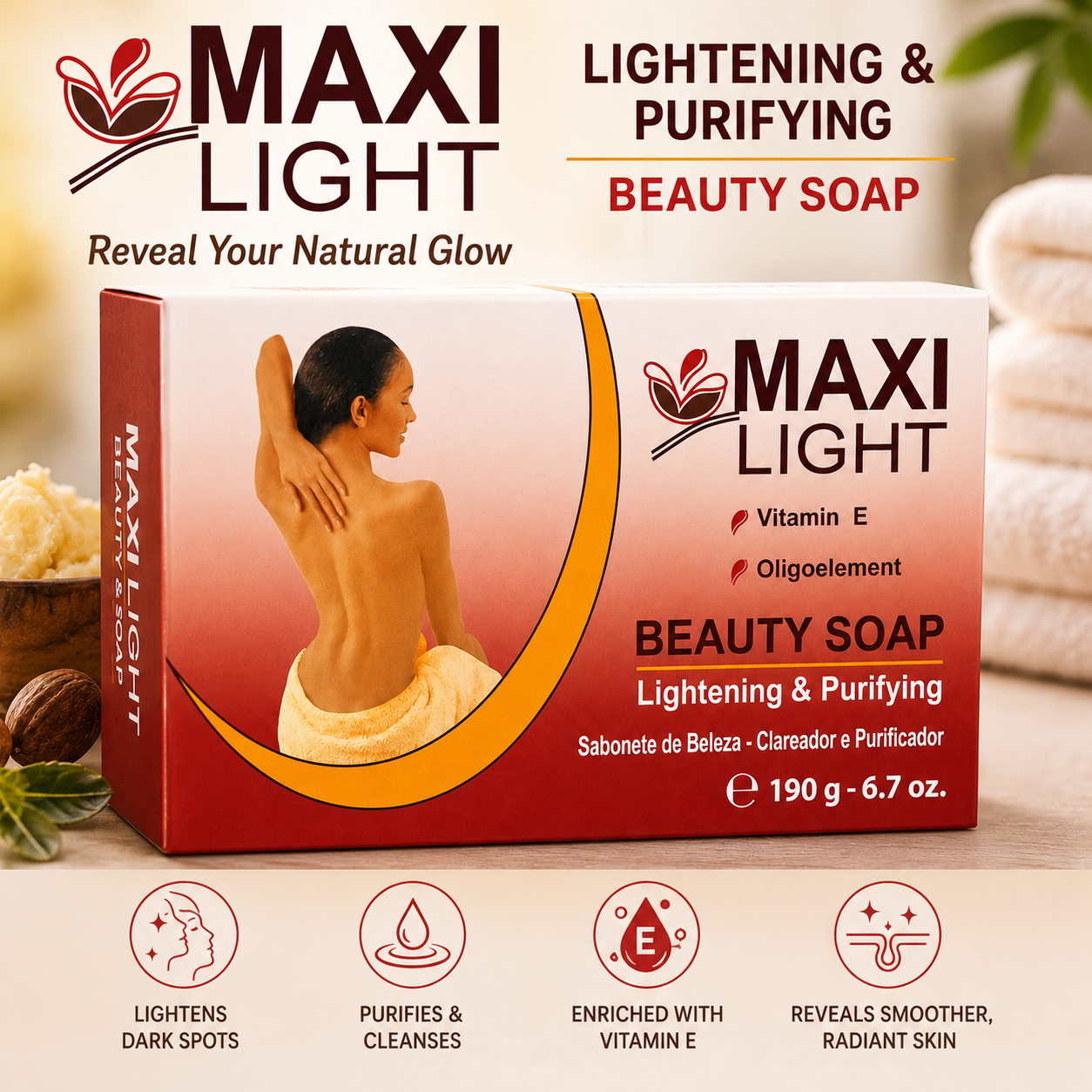 Maxi Light – Savon Beauté Éclaircissant et Purifiant à la Vitamine E, 190g