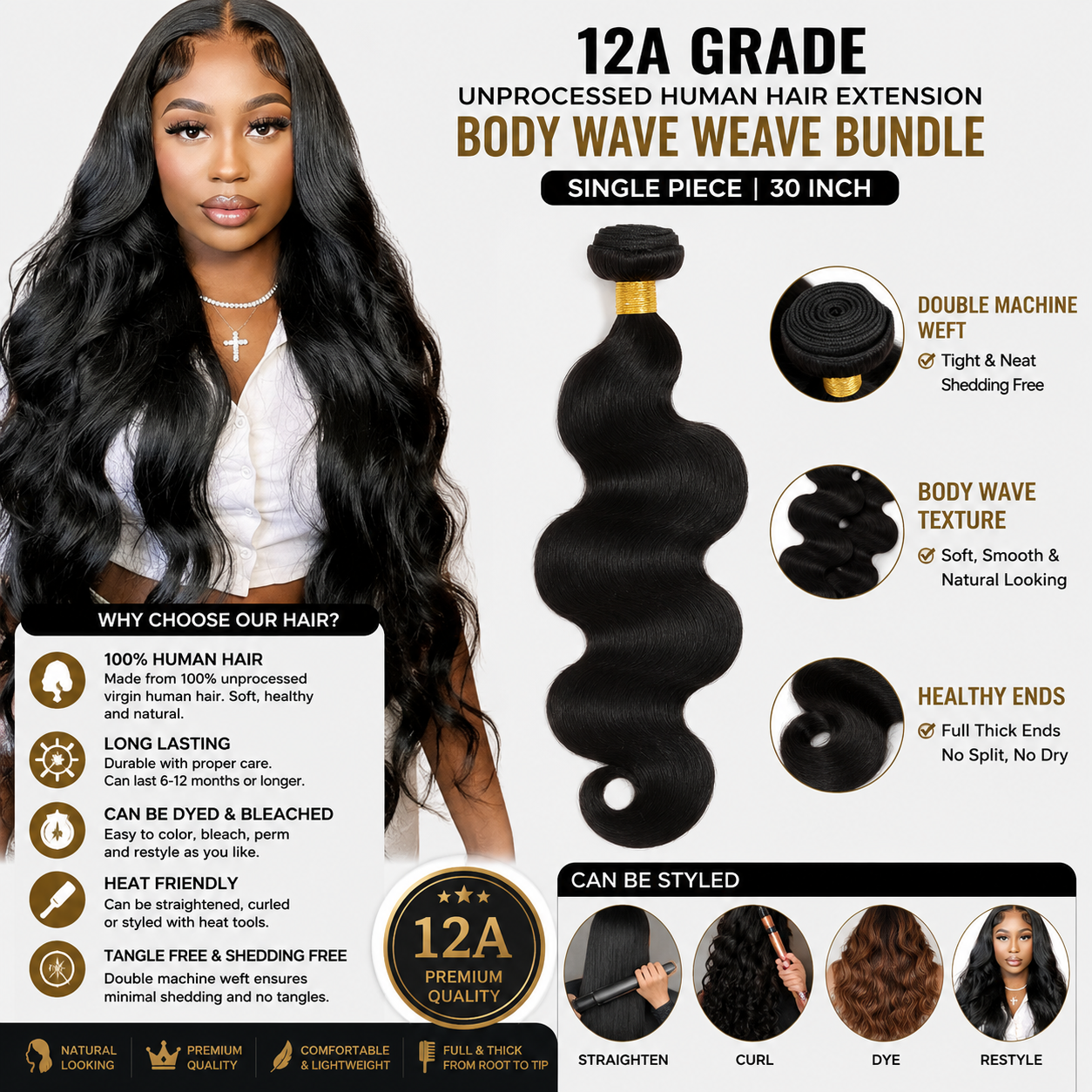 Single 30-inch 12A Grade unprocessed virgin human hair Body Wave weave bundle in natural black with soft waves, double machine weft, thick full ends, and salon-quality finish.