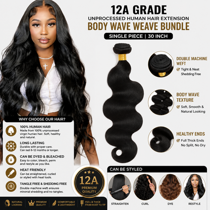 Single 30-inch 12A Grade unprocessed virgin human hair Body Wave weave bundle in natural black with soft waves, double machine weft, thick full ends, and salon-quality finish.