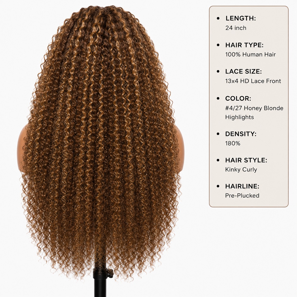 24″ Kinky Curly HD Lace Front Human Hair Wig – 13×4 Lace, #4/27 Honey Blonde Highlights, 180% Density Clessenza Beauty Store