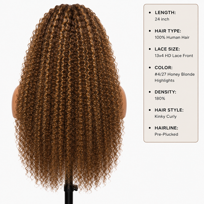 24″ Kinky Curly HD Lace Front Human Hair Wig – 13×4 Lace, #4/27 Honey Blonde Highlights, 180% Density Clessenza Beauty Store