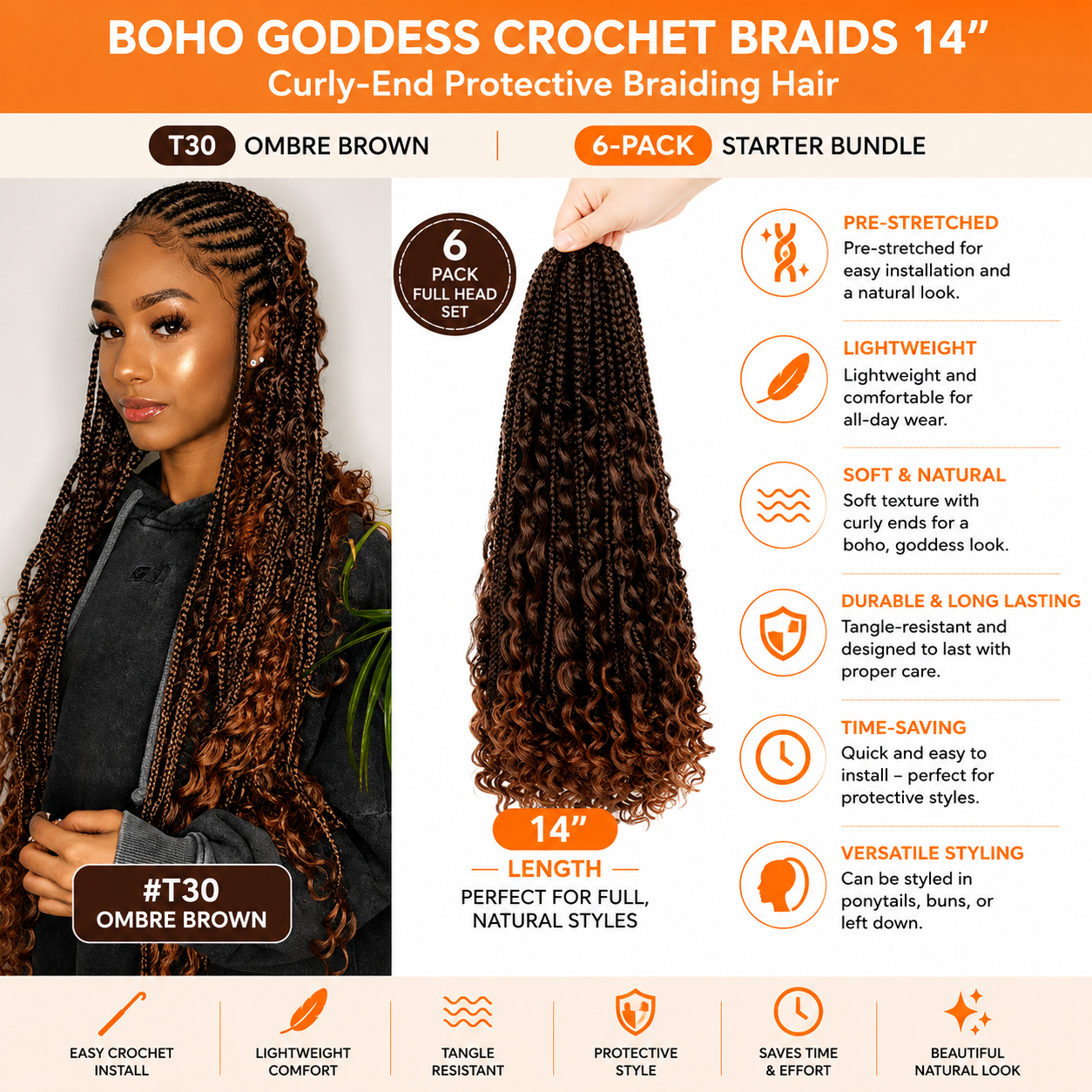Boho Goddess Crochet Braids 14″ – Curly-End Protective Braiding Hair, #T30 Ombre Brown | 6-Pack Starter Bundle