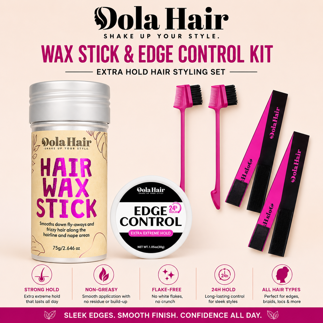 Dola Hair – Wax Stick & Edge Control Kit – Extra Hold Hair Styling Set with Edge Brushes & Combs