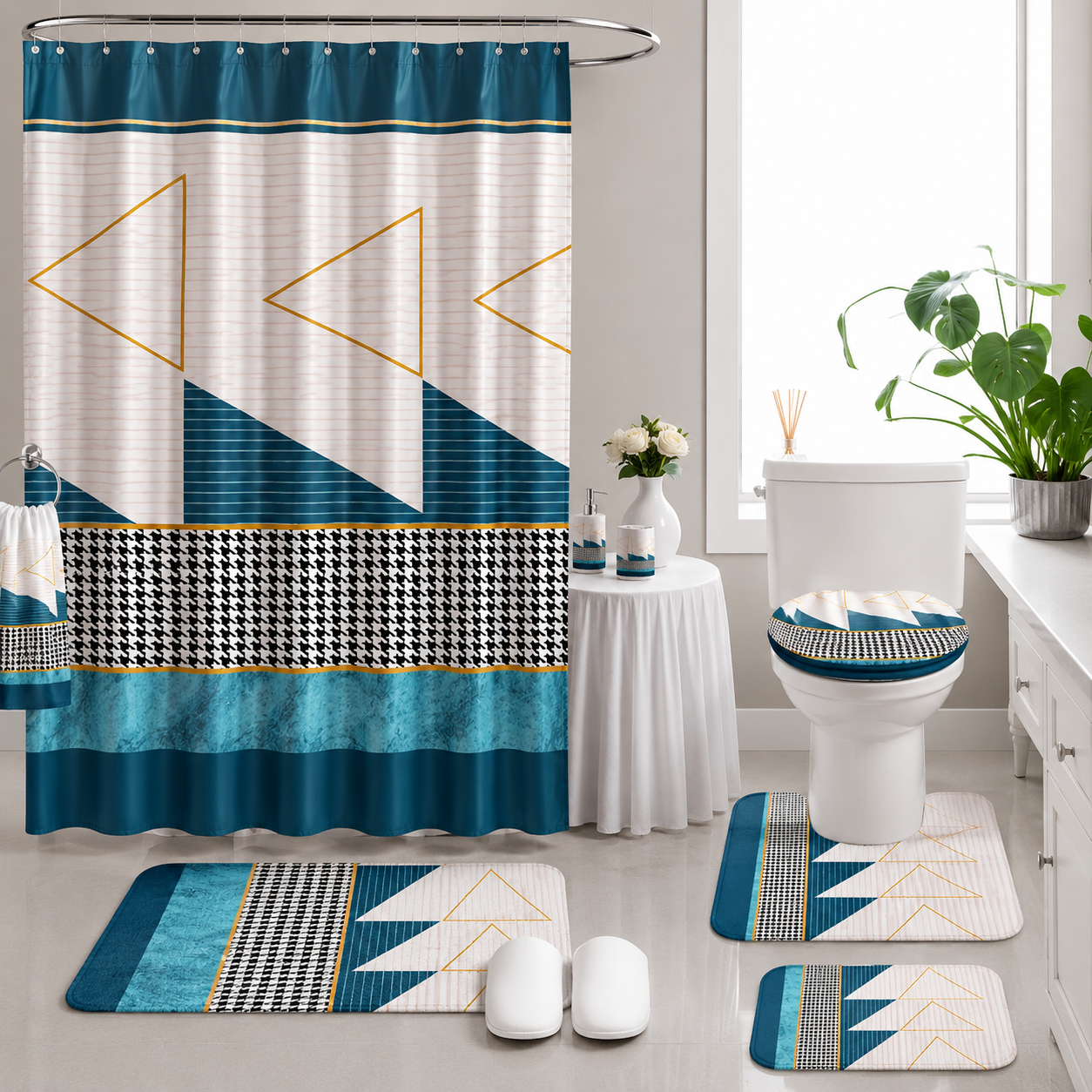 Ensemble de Literie Luxe Géométrique Bleu Marine 24 Pièces King avec Rideaux et Accessoires de Salle de Bain