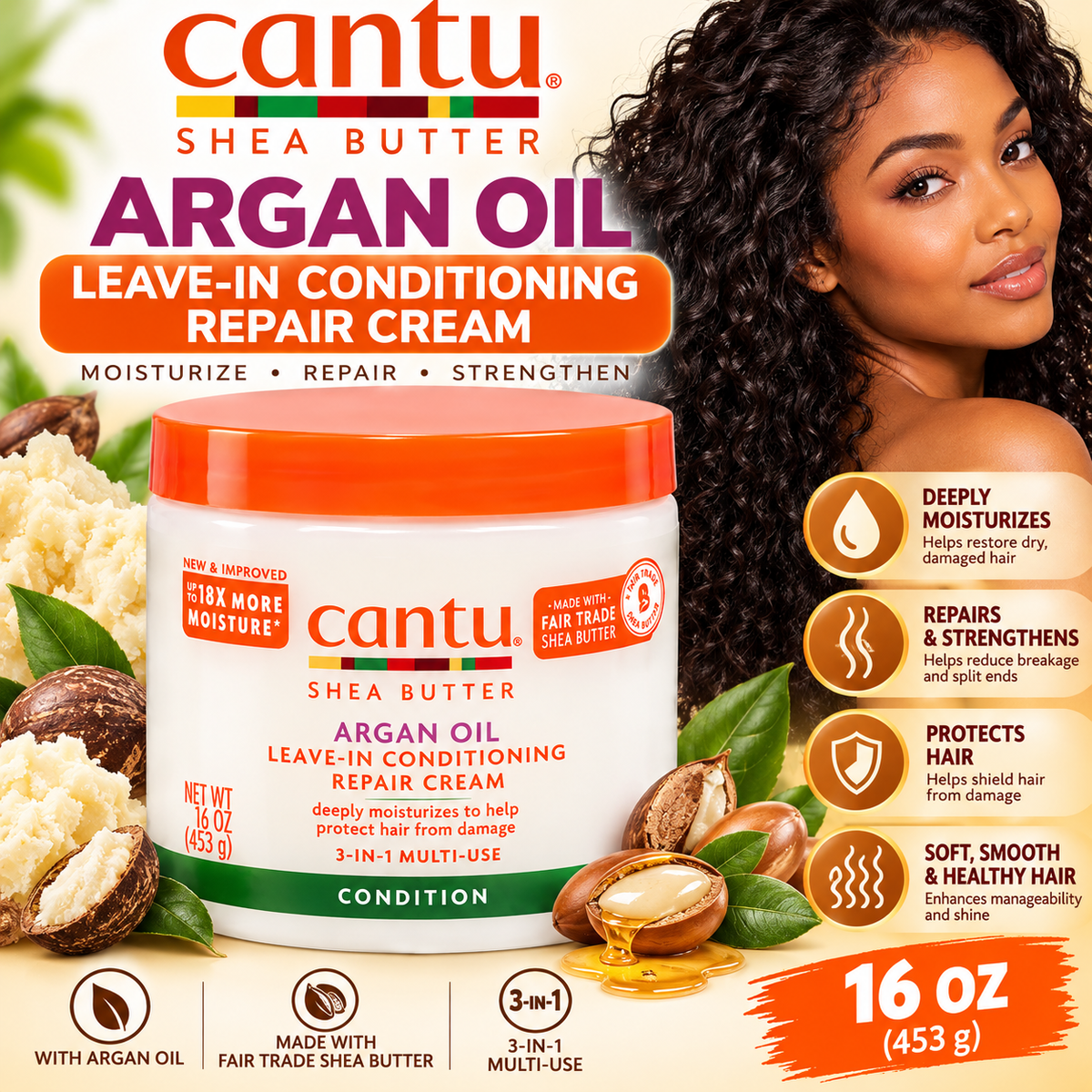 Cantu – Shea Butter Argan Oil Leave-In Conditioning Repair Cream, 16 Oz Cantu