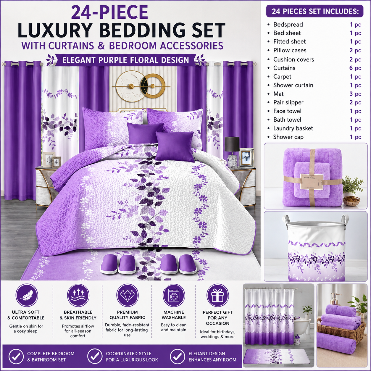 24-Piece King Size Luxury Bedding Set with Curtains & Bathroom Accessories – Purple Floral Design Clessenza Beauty Store