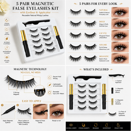 5 Pair Magnetic False Eyelashes Kit with Eyeliner & Applicator – Reusable Natural Wispy Lashes