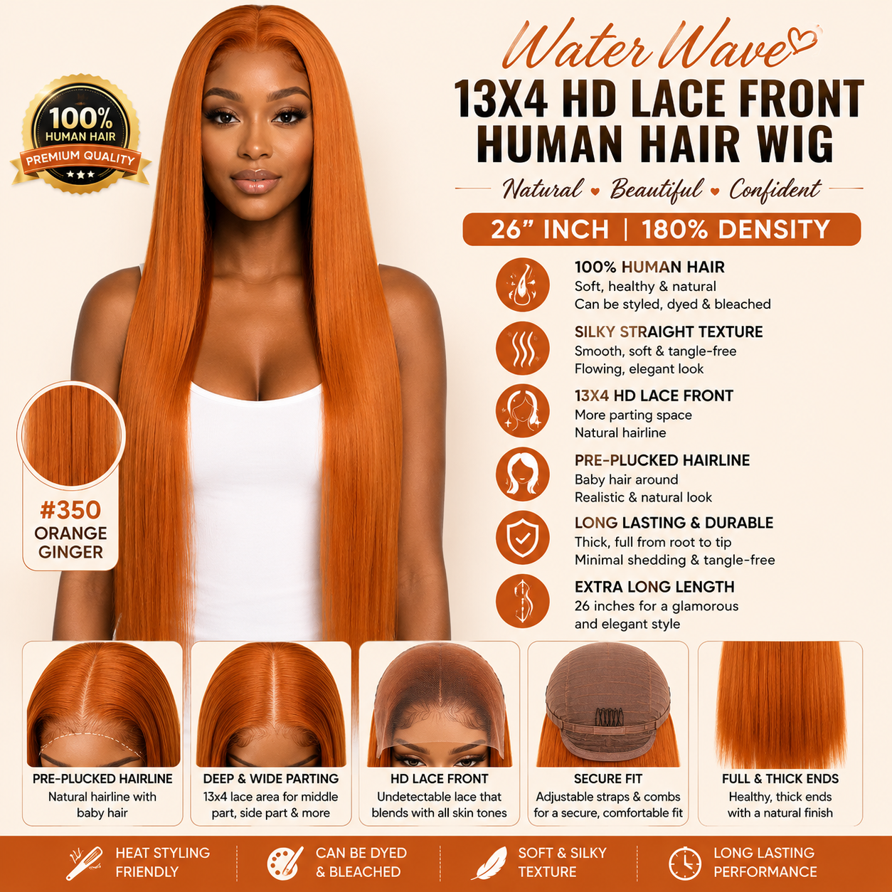 #350 Orange Ginger Straight Human Hair Wig 26″ – 13x4 HD Lace Front, Pre-Plucked