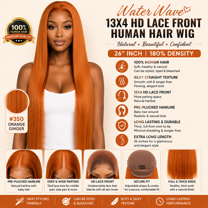 #350 Orange Ginger Straight Human Hair Wig 26″ – 13x4 HD Lace Front, Pre-Plucked