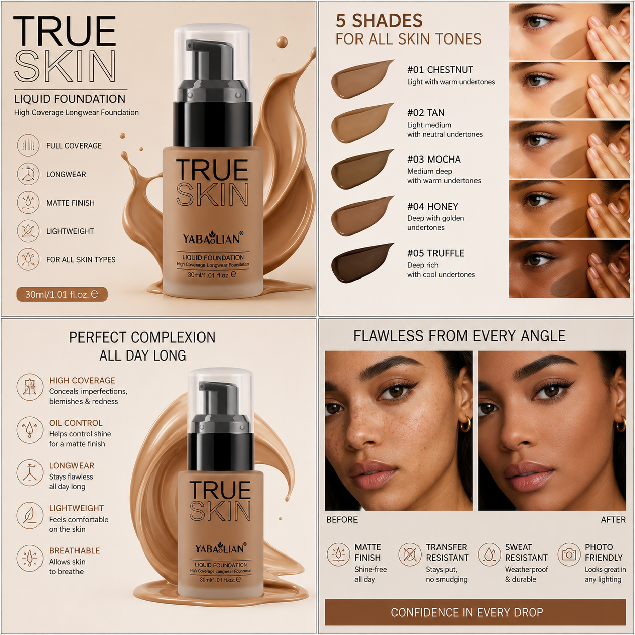Fond de Teint Liquide True Skin Yabaolian – Haute Couvrance Longue Tenue Mat 30ml