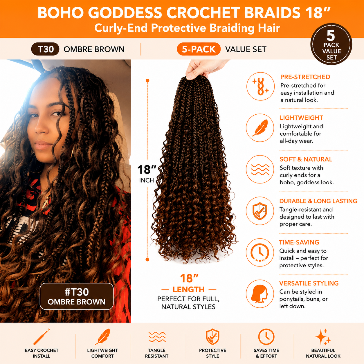 Tresses Crochet Boho Goddess 18 po – Cheveux de Tressage Protecteur à Pointes Bouclées, #T30 Ombré Brun | Ensemble Économique de 5 Paquets