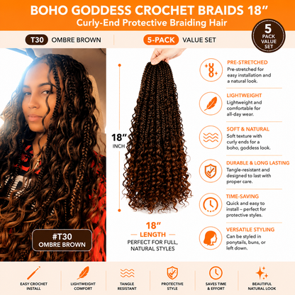 Tresses Crochet Boho Goddess 18 po – Cheveux de Tressage Protecteur à Pointes Bouclées, #T30 Ombré Brun | Ensemble Économique de 5 Paquets
