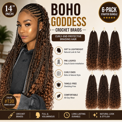 Boho Goddess Crochet Braids 14″ – Curly-End Protective Braiding Hair, #T30 Ombre Brown | 6-Pack Starter Bundle Clessenza Beauty Store