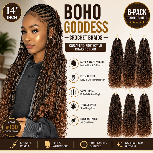 Boho Goddess Crochet Braids 14″ – Curly-End Protective Braiding Hair, #T30 Ombre Brown | 6-Pack Starter Bundle Clessenza Beauty Store