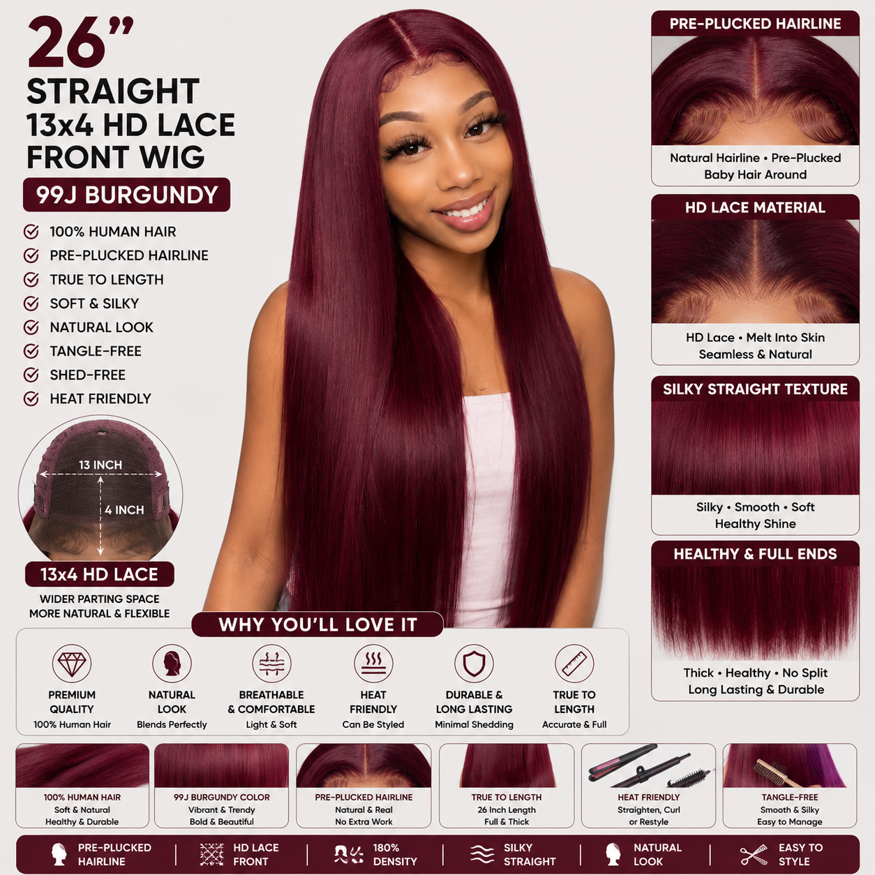 Perruque Lace Front HD 13x4 Cheveux Humains Lisses 26 po – Bourgogne 99J, Pré-Épilée