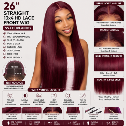 Perruque Lace Front HD 13x4 Cheveux Humains Lisses 26 po – Bourgogne 99J, Pré-Épilée