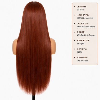 13x4 HD Lace Front Straight Wig 30" – #33 Reddish Brown Human Hair, 150% Density Clessenza Beauty Store