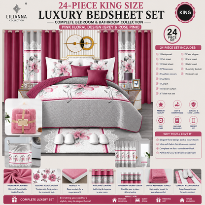 Ensemble de Literie de Luxe King 24 Pièces avec Rideaux et Accessoires de Salle de Bain – Motif Floral Rose, Gris et Rose Poudré