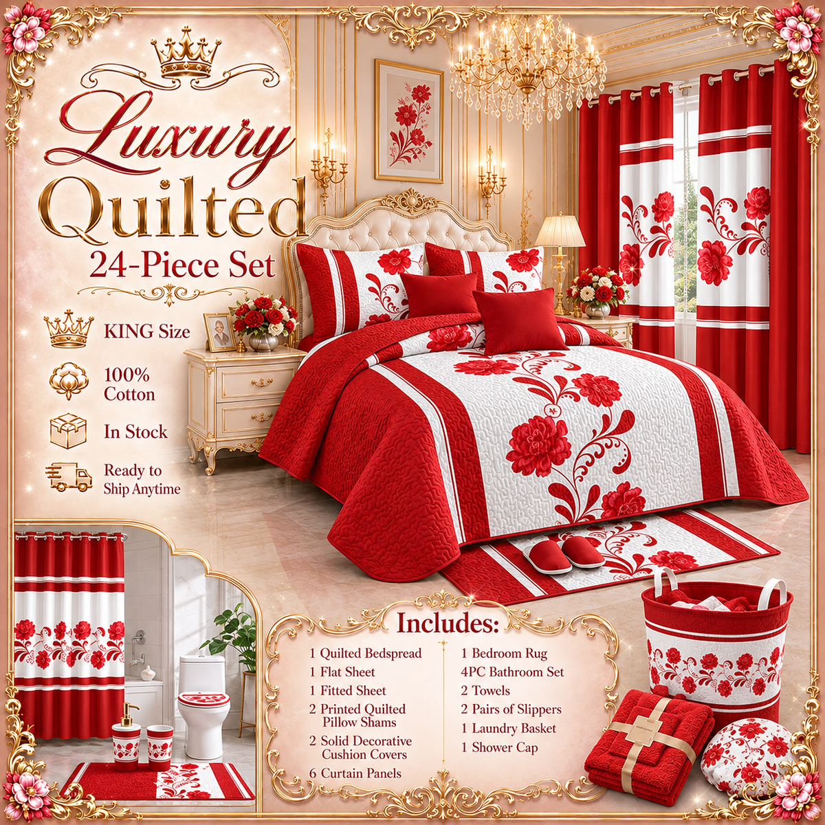 24-Piece Luxury Bedding Set with Matching Curtains & Bathroom Accessories – Red Floral Elegance Clessenza Beauty Store