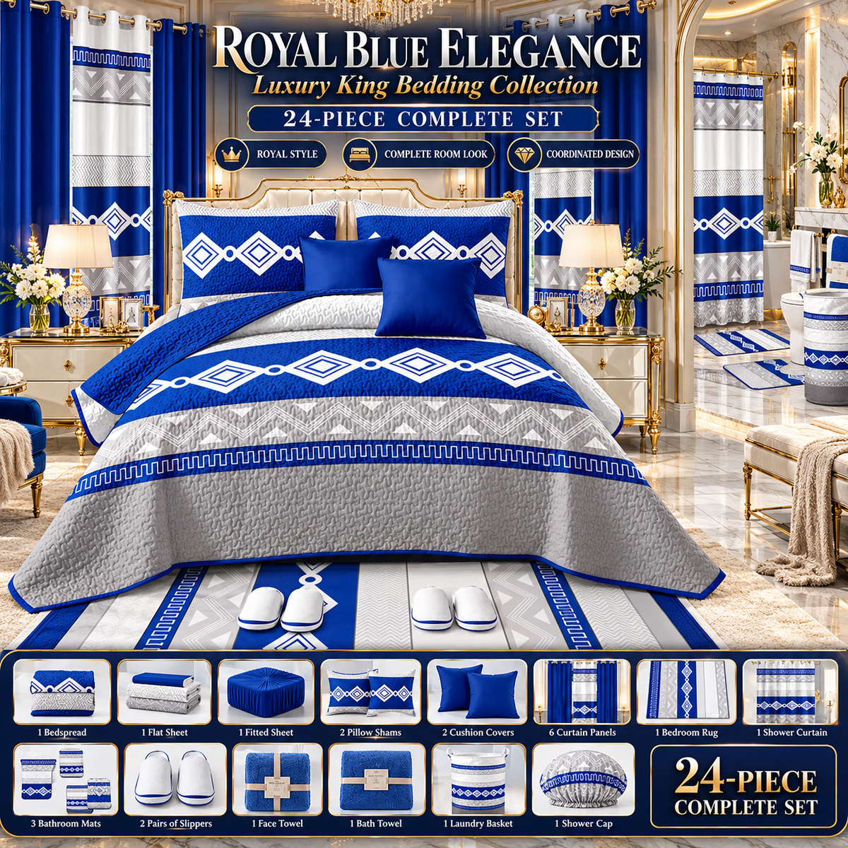 24-Piece Luxury Bedding Set with Matching Curtains & Bathroom Accessories – Royal Blue Geometric Elegance Clessenza Beauty Store