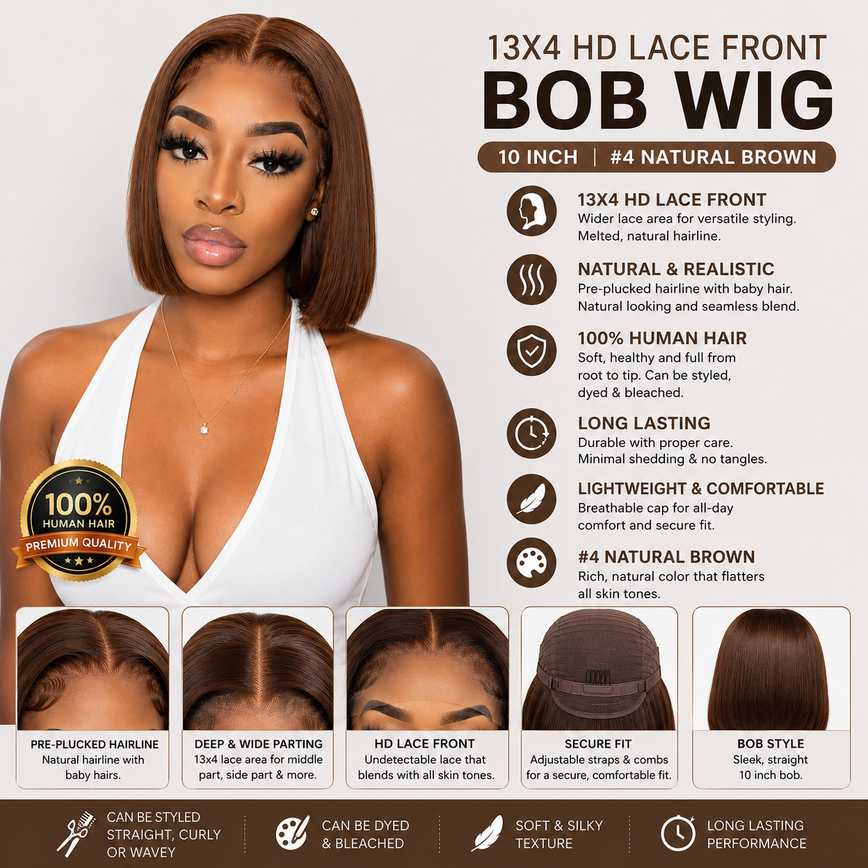 13x4 HD Lace Front Human Hair Bob Wig – Straight 10″ #4 Natural Brown
