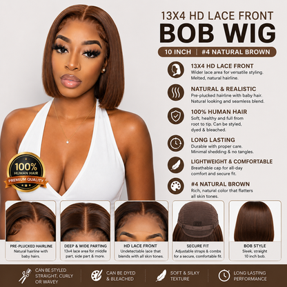 13x4 HD Lace Front Human Hair Bob Wig – Straight 10″ #4 Natural Brown
