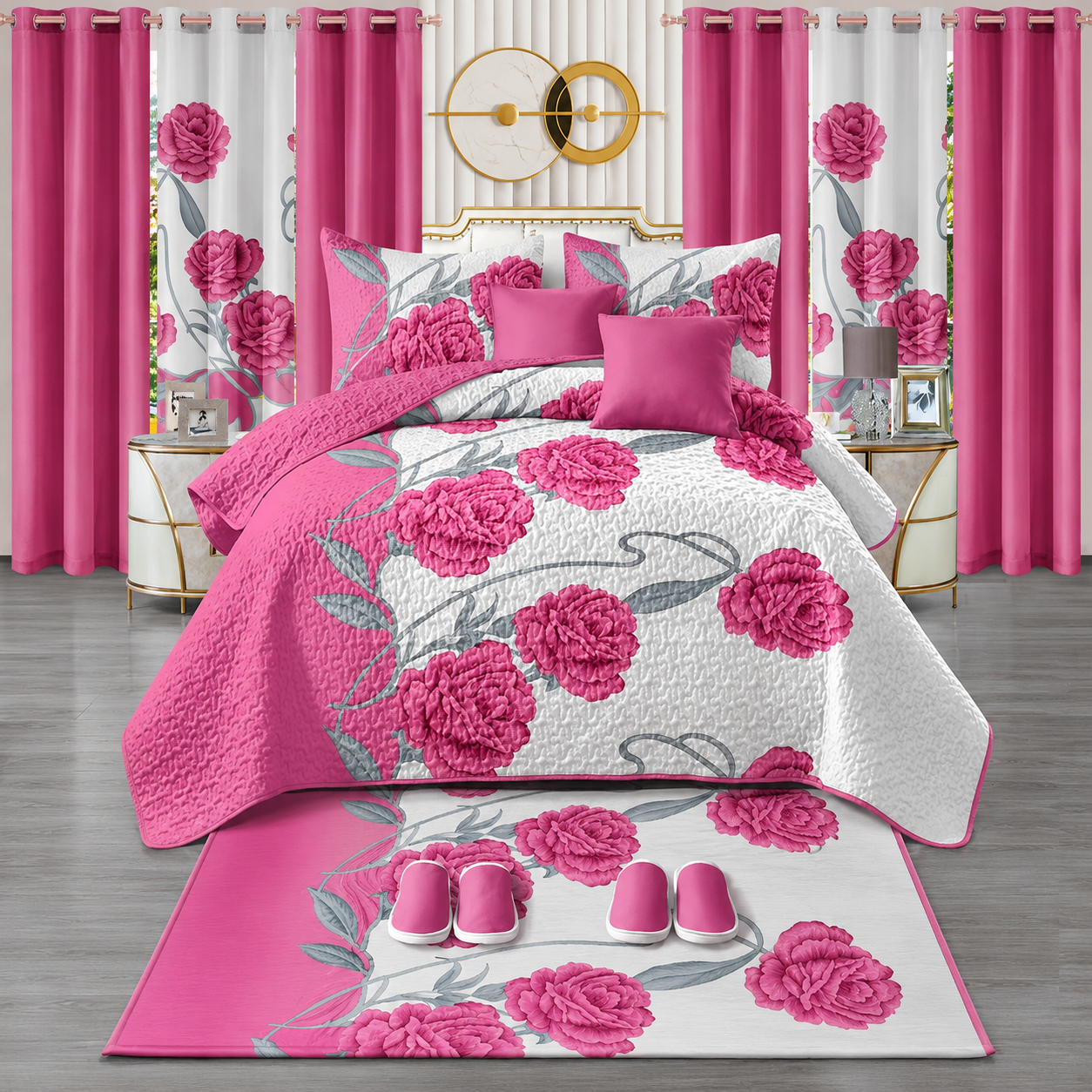 Ensemble de Literie Luxe Floral Rose 24 Pièces King avec Rideaux et Accessoires de Salle de Bain