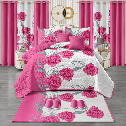 Ensemble de Literie Luxe Floral Rose 24 Pièces King avec Rideaux et Accessoires de Salle de Bain