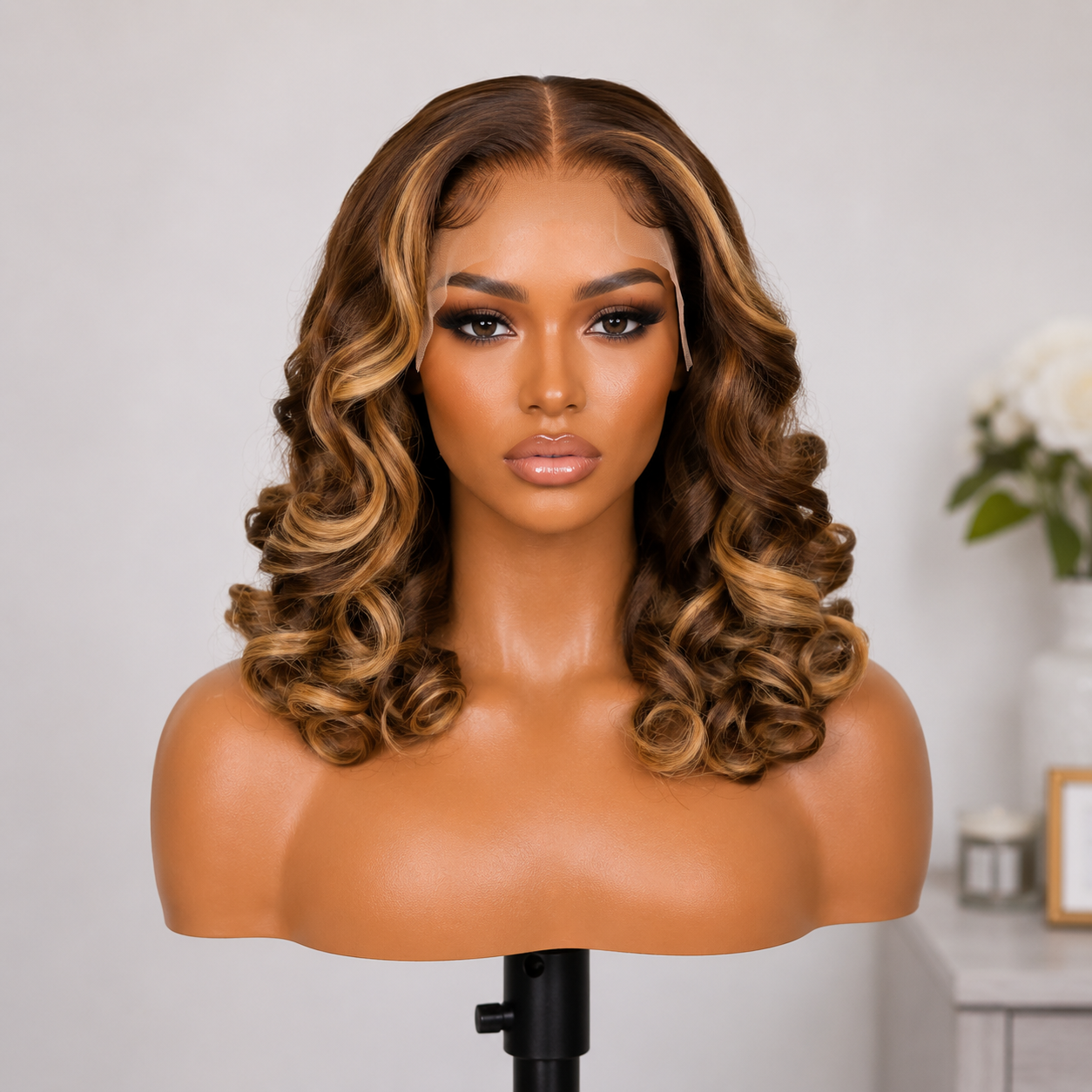 13×4 Lace Front Human Hair Wig – 16″ Bouncy Curly – #4/27 Brown & Blonde – 150% Density Clessenza Beauty Store