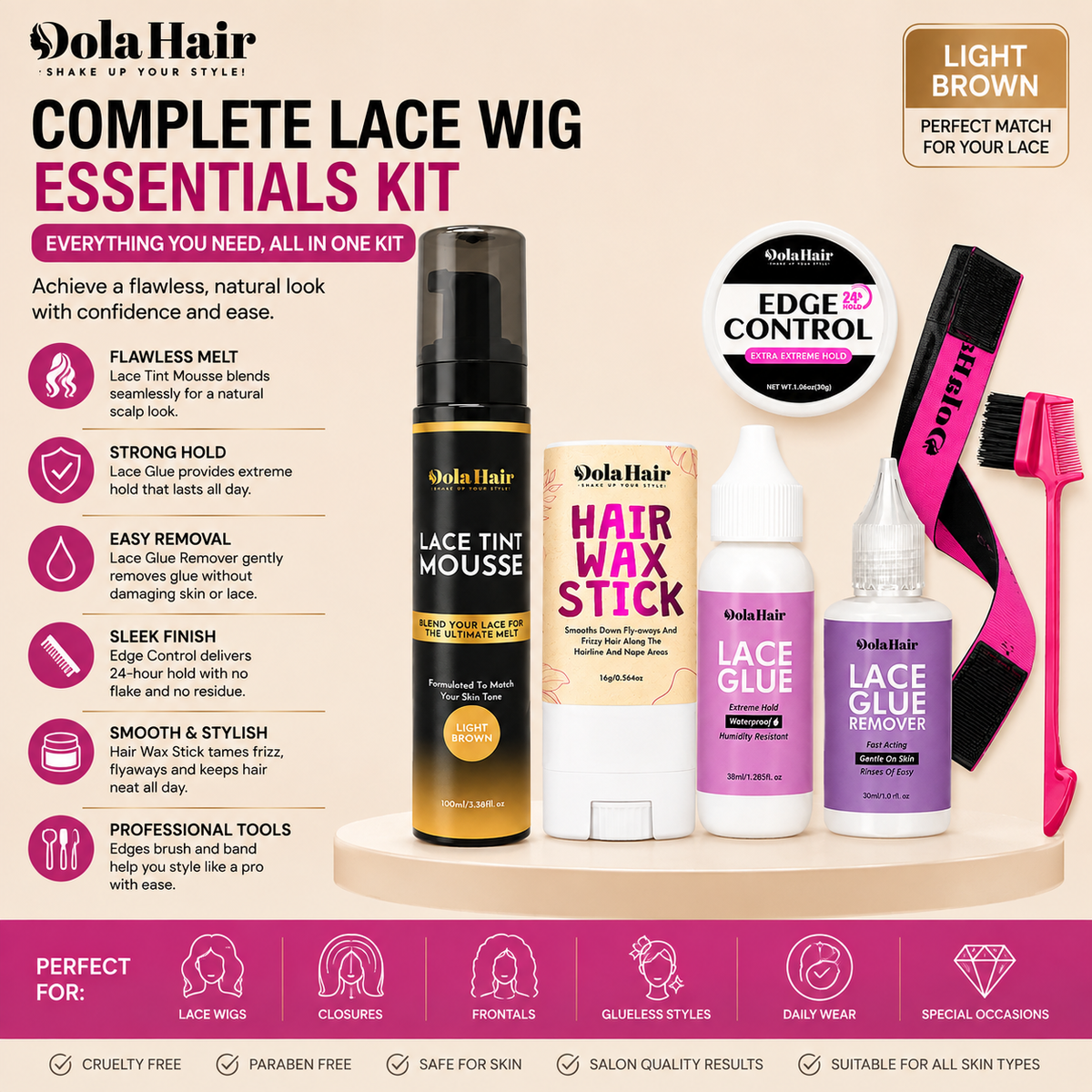 DolaHair Complete Lace Wig Essentials Kit – Lace Tint Mousse, Wig Glue, Glue Remover, Hair Wax Stick, Edge Control & Styling Tools DolaHair