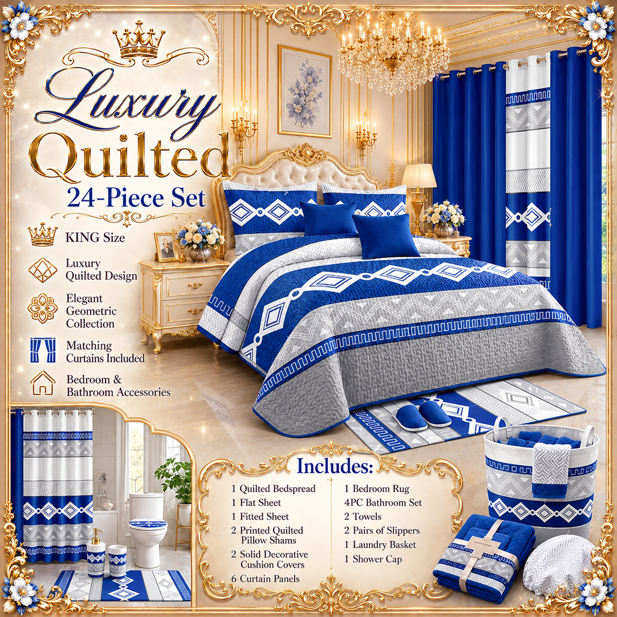 24-Piece Luxury Bedding Set with Matching Curtains & Bathroom Accessories – Royal Blue Geometric Elegance Clessenza Beauty Store