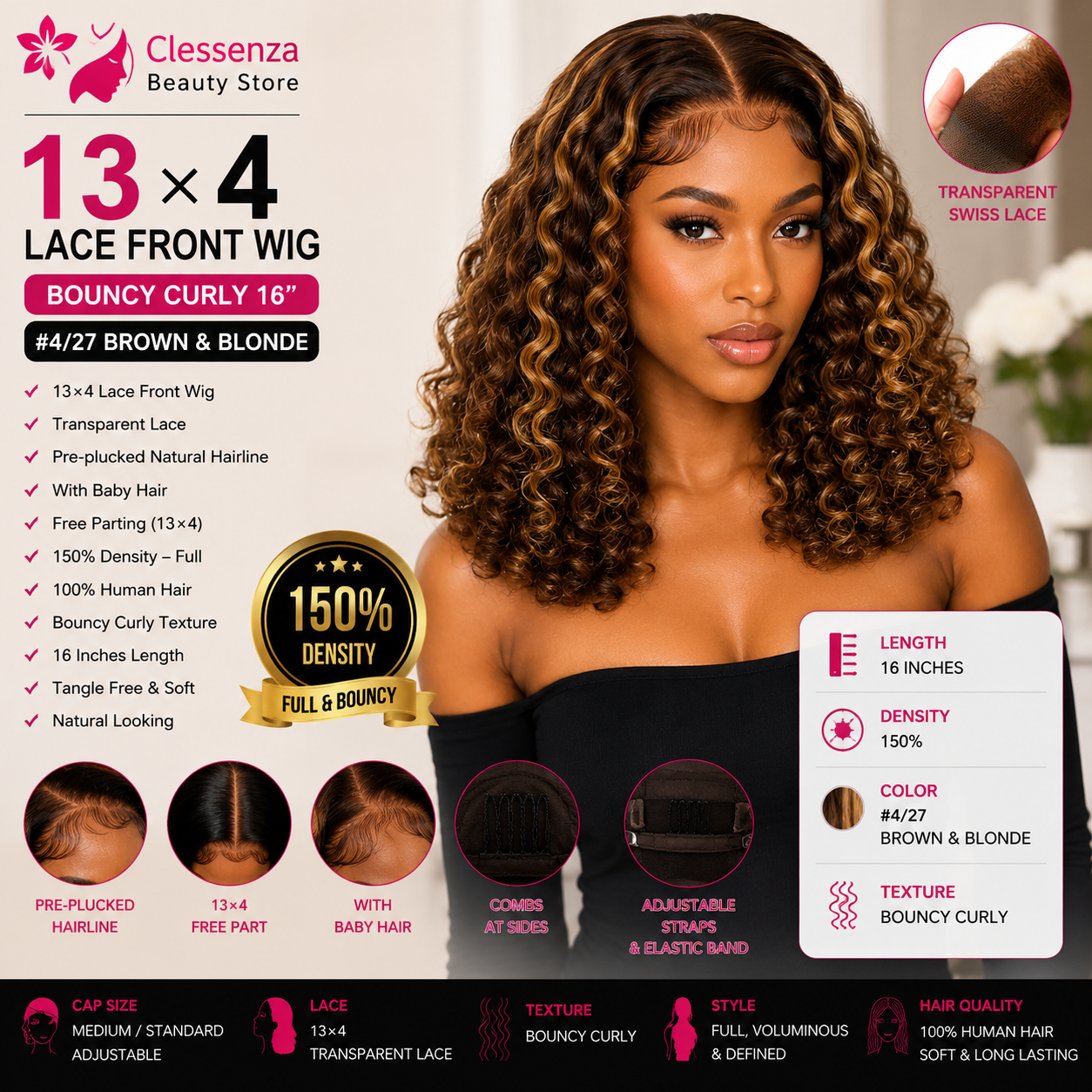 13×4 Lace Front Human Hair Wig – 16″ Bouncy Curly – #4/27 Brown & Blonde – 150% Density Clessenza Beauty Store
