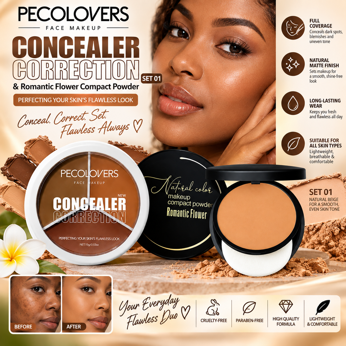 Pecolovers Concealer Correction & Romantic Flower Compact Powder Set – Full Coverage Face Makeup Duo Clessenza Beauty Store