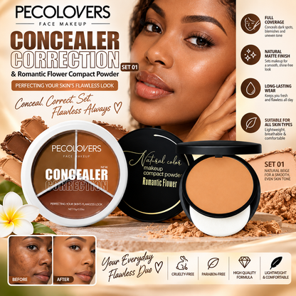 Pecolovers Concealer Correction & Romantic Flower Compact Powder Set – Full Coverage Face Makeup Duo Clessenza Beauty Store