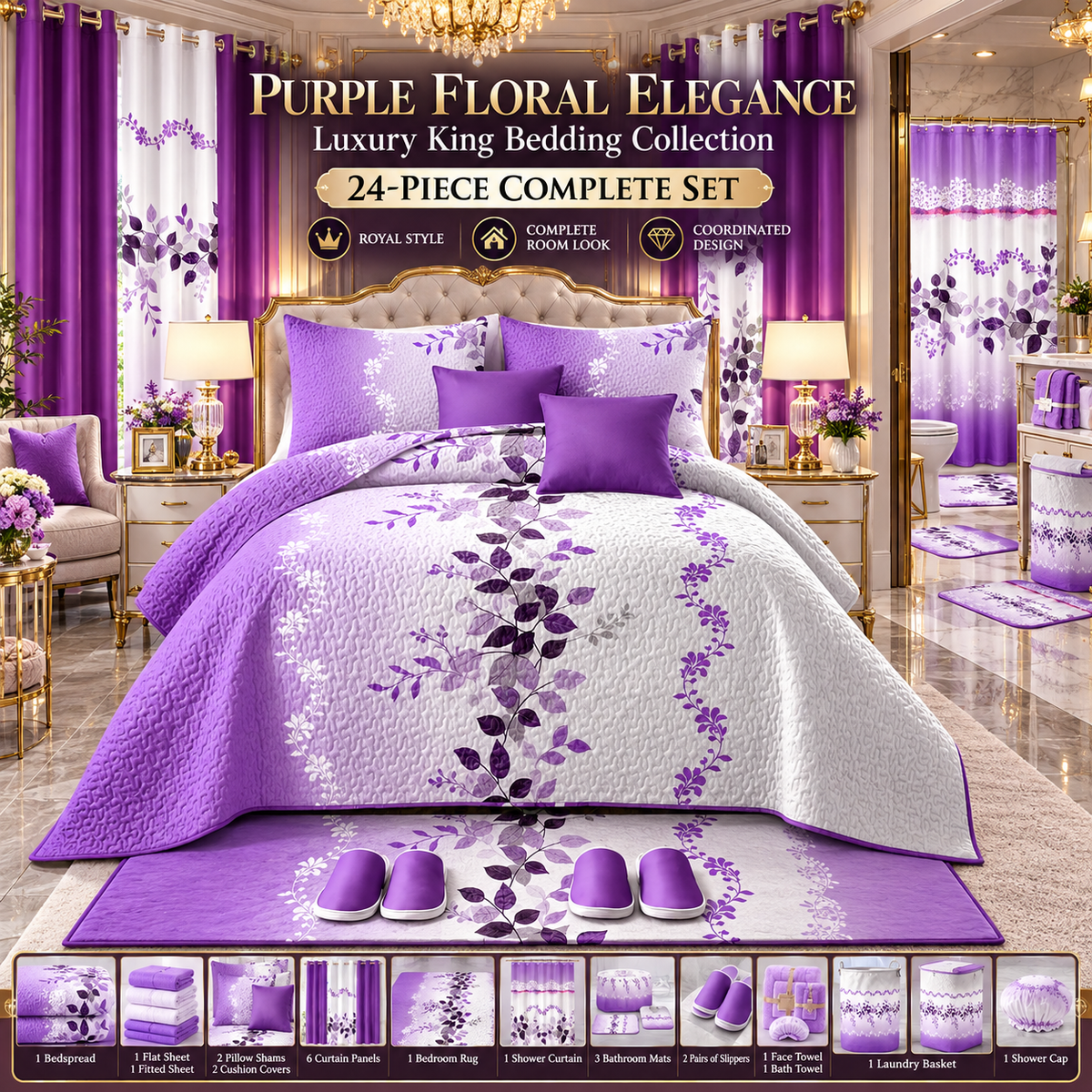 24-Piece King Size Luxury Bedding Set with Curtains & Bathroom Accessories – Purple Floral Design Clessenza Beauty Store