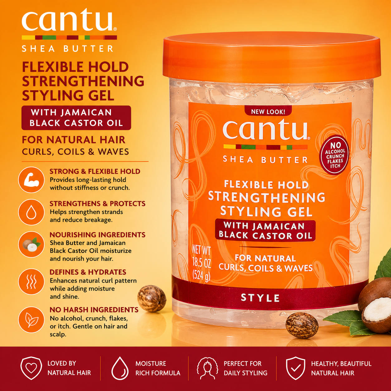 Cantu – Gel Coiffant Fortifiant à Tenue Flexible au Beurre de Karité et à l'huile de Ricin Noire de Jamaïque, 524 g
