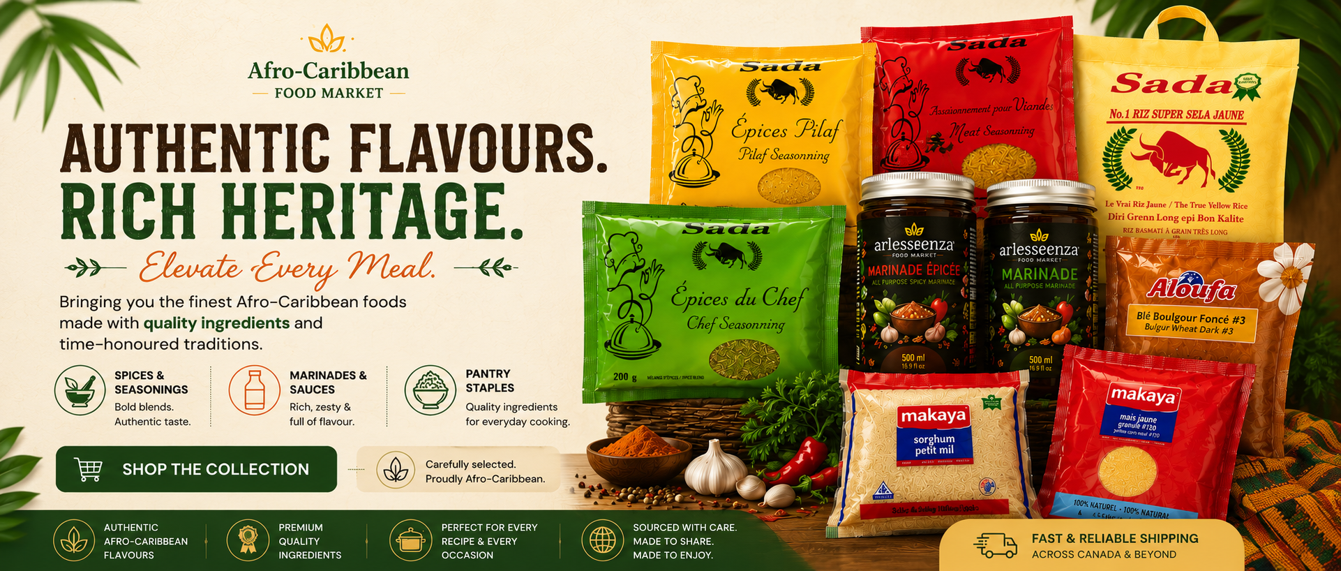 Promotional banner for Afro Caribbean Food Market with various food products and branding elements.