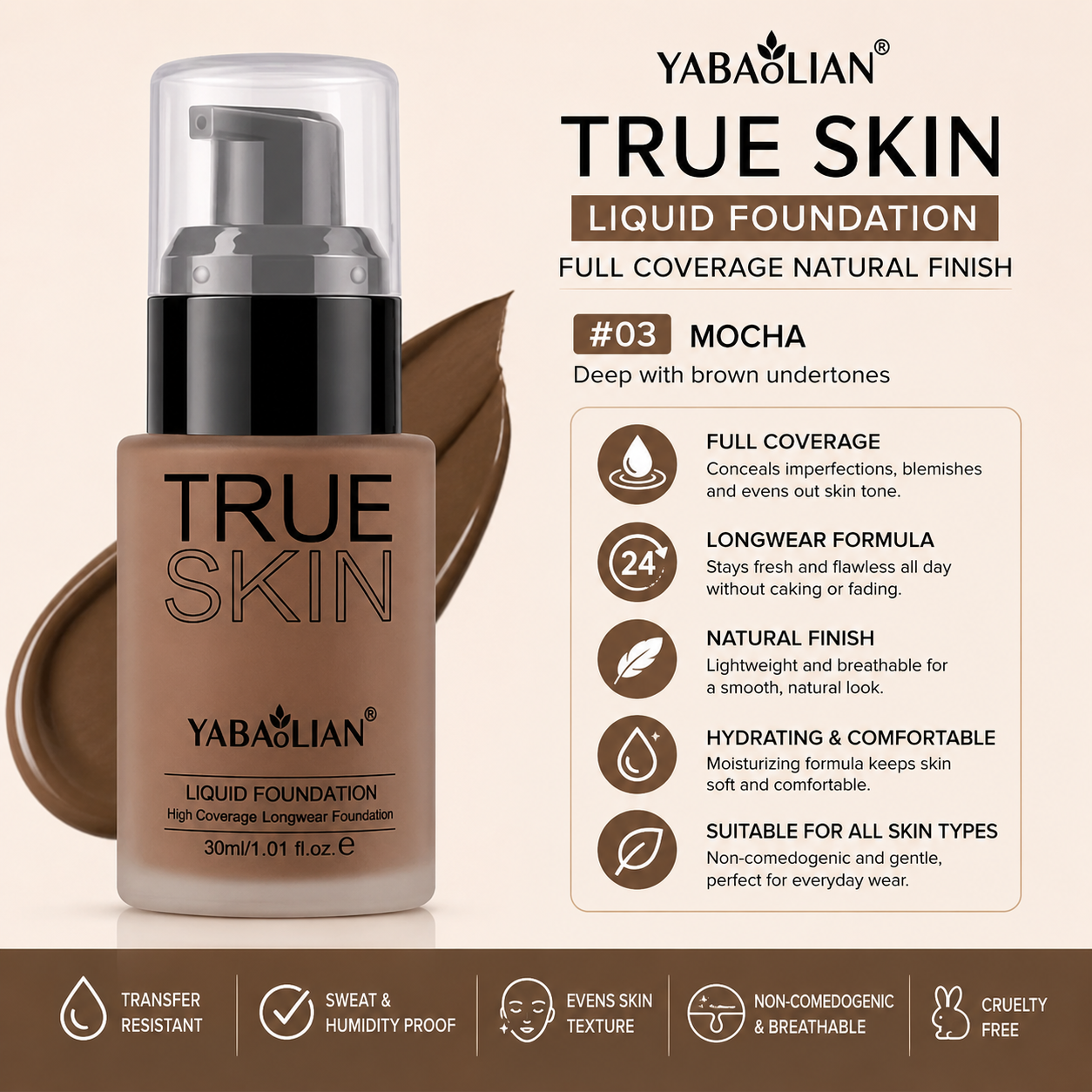 Yabaolian True Skin Liquid Foundation – Full Coverage Natural Finish Foundation Clessenza Beauty Store