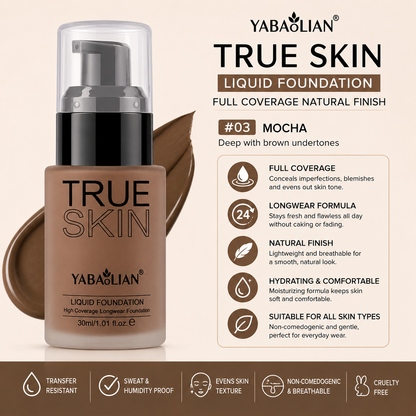 Yabaolian True Skin Liquid Foundation – Full Coverage Natural Finish Foundation Clessenza Beauty Store