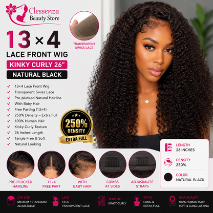 13×4 Lace Front Human Hair Wig – Kinky Curly 26″ – Natural Black – 250% Density Clessenza Beauty Store