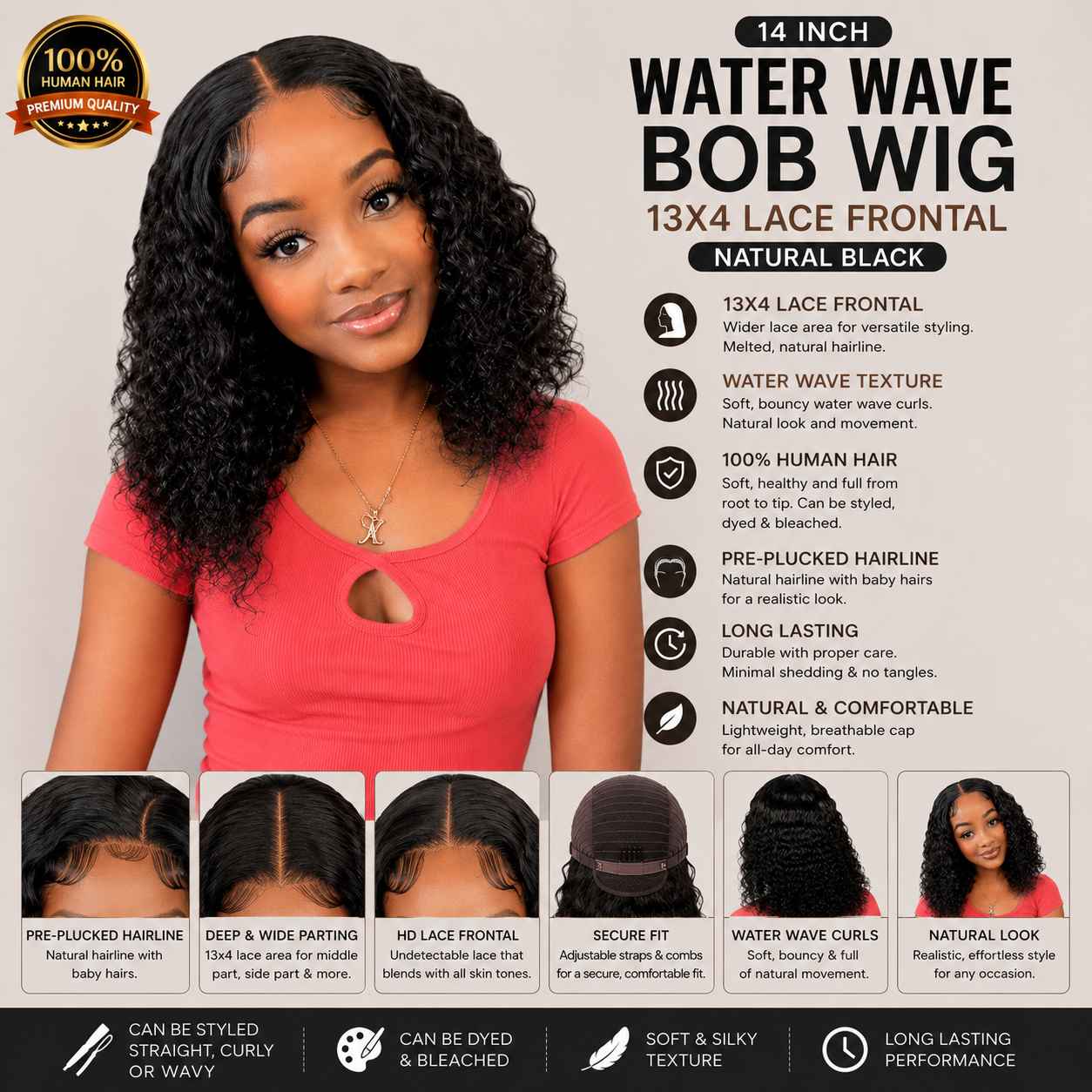 14″ Water Wave Bob Wig – 13x4 Lace Frontal Human Hair, Natural Black