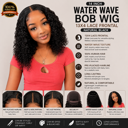 14″ Water Wave Bob Wig – 13x4 Lace Frontal Human Hair, Natural Black