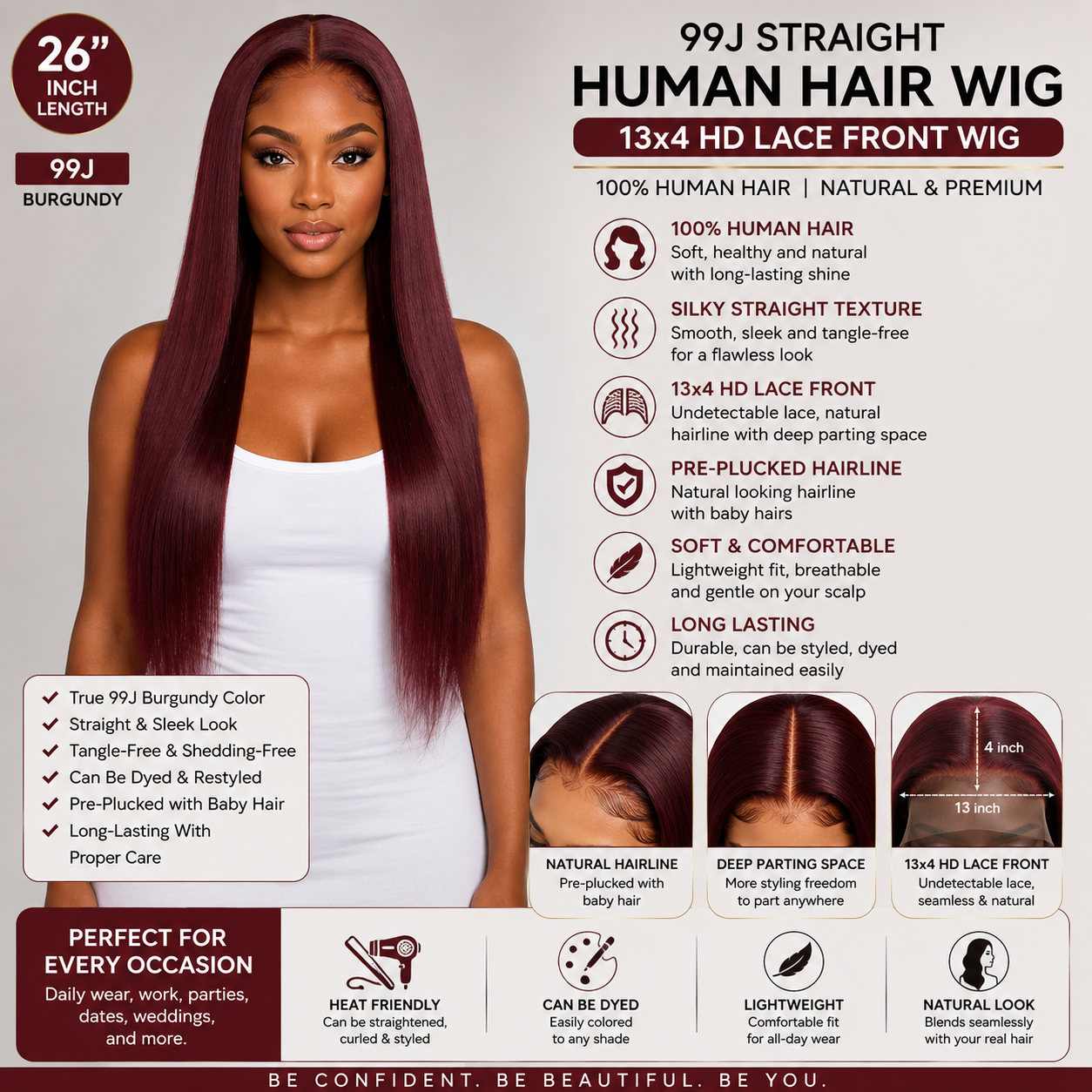 99J Straight Human Hair Wig with product details on a gray background